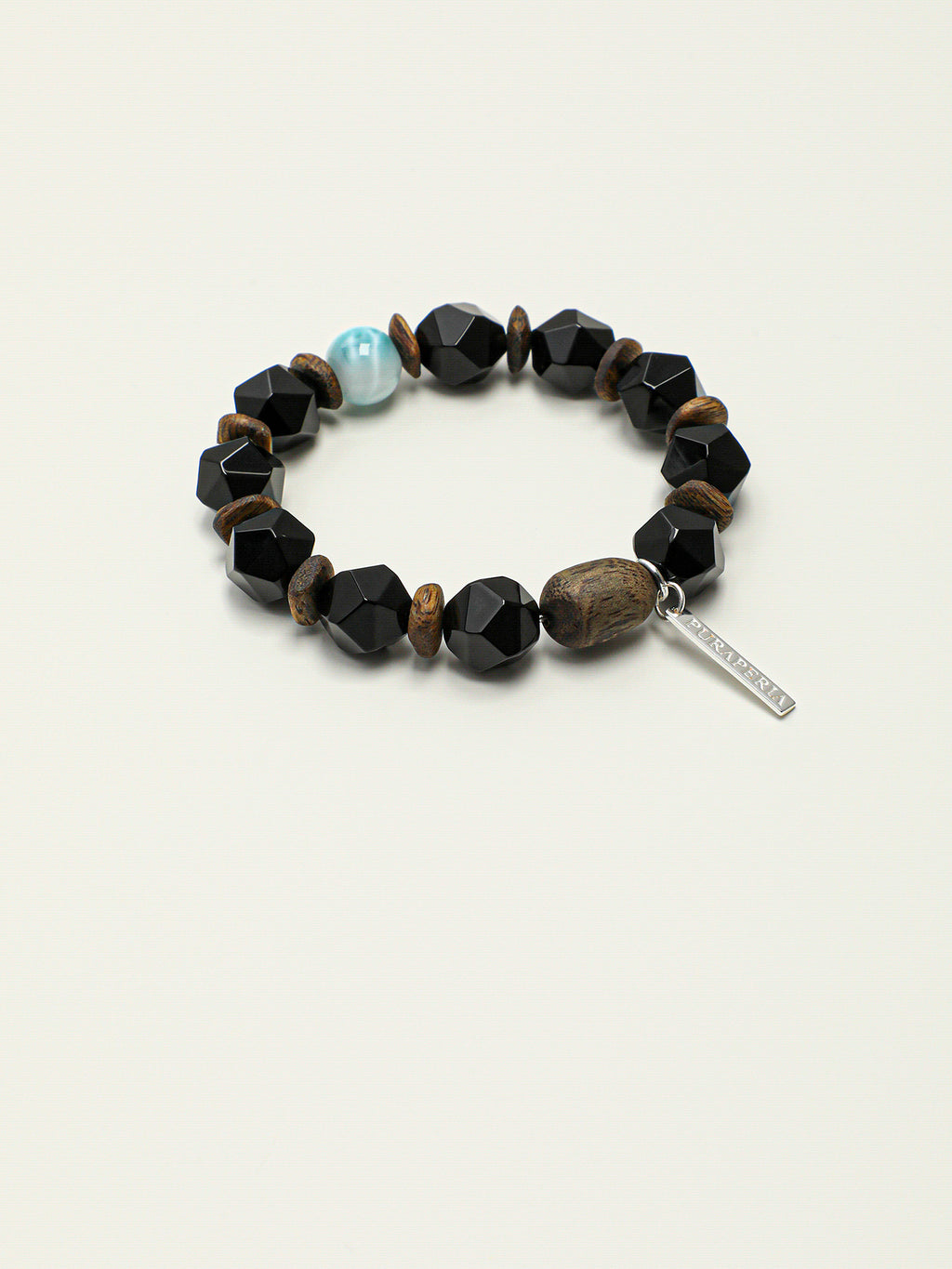 Faceted Black Onyx Agarwood Beaded Bracelet With Larimar & 925 Silver Tag