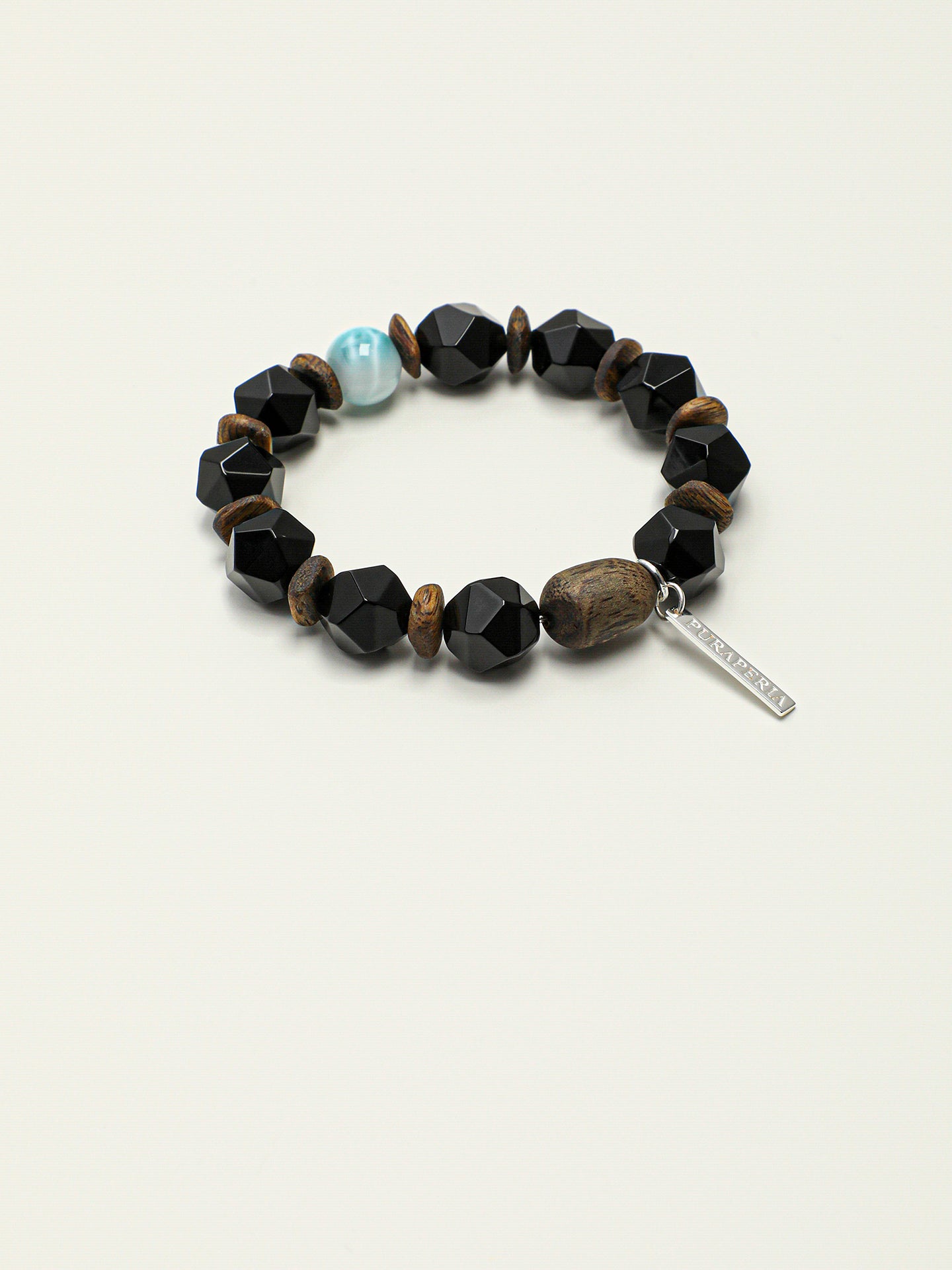 Faceted Black Onyx Agarwood Beaded Bracelet With Larimar & 925 Silver Tag