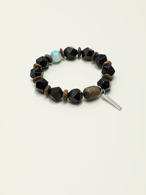 Faceted Black Onyx Agarwood Beaded Bracelet With Larimar & 925 Silver Tag