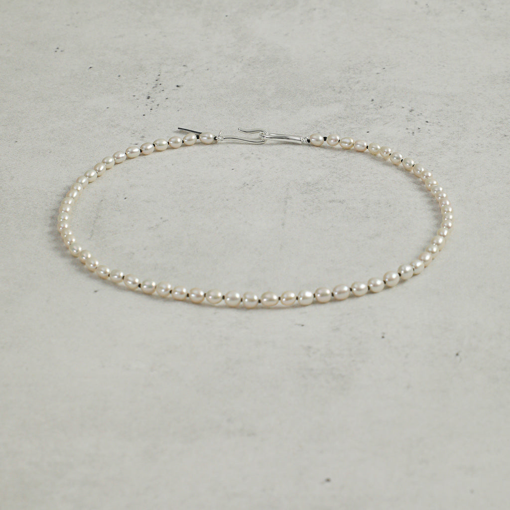 Tiny Rice Freshwater Pearl Choker Necklace, Dainty Layering Silver Clasp Collar Chain