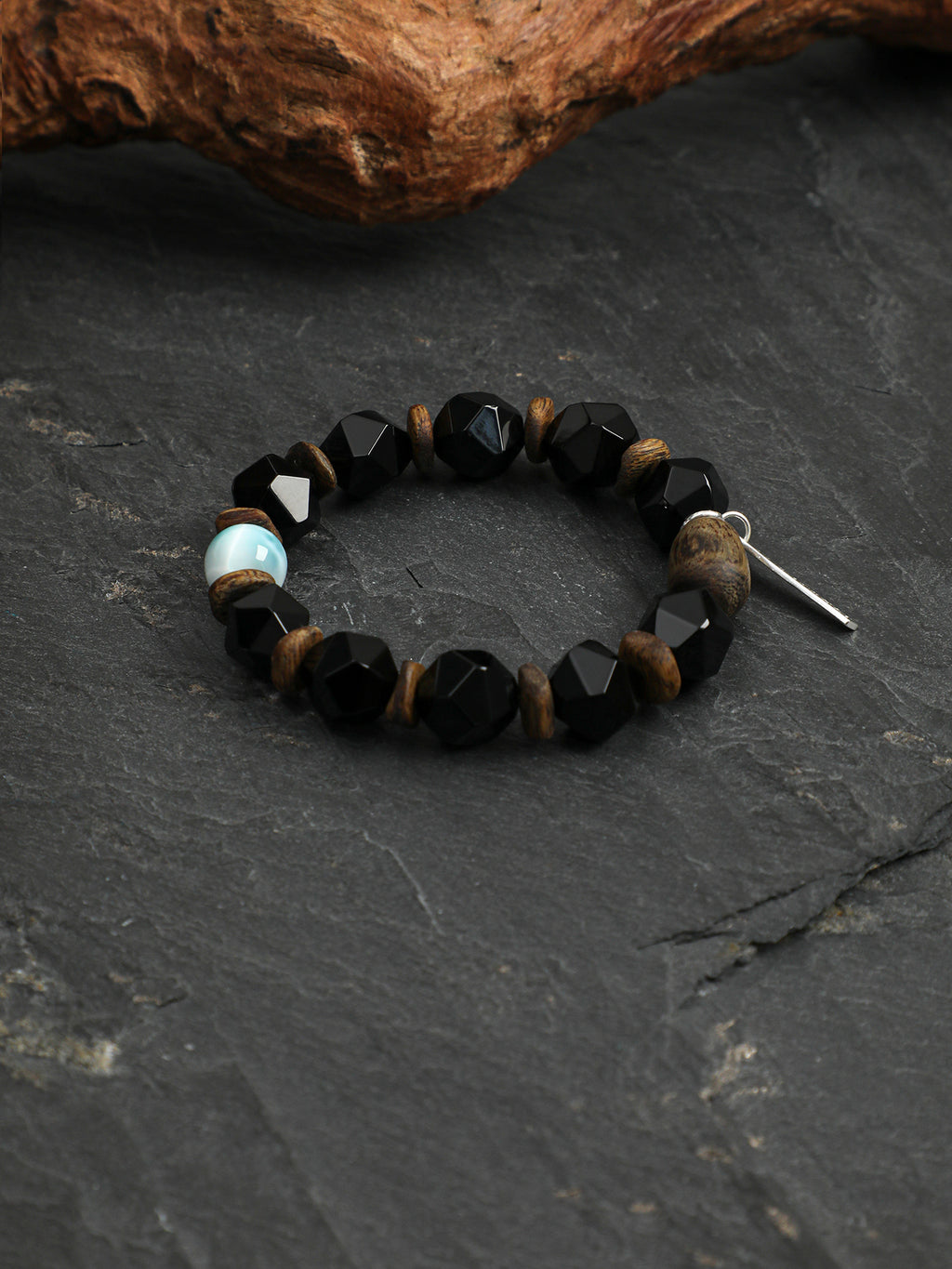Faceted Black Onyx Agarwood Beaded Bracelet With Larimar & 925 Silver Tag