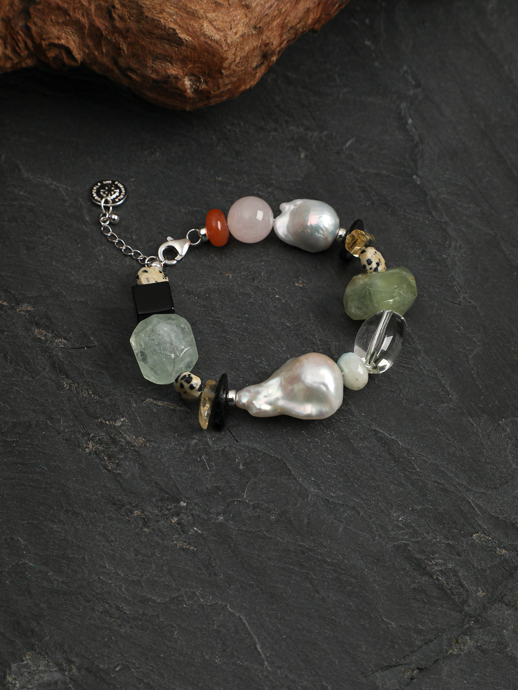 Vintage Earth Tone Multi Natural Stone Baroque Pearl Bracelet, Handmade Crystal Beaded Bracelet With Adjustable Silver Extension Chain