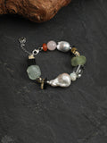 Vintage Earth Tone Multi Natural Stone Baroque Pearl Bracelet, Handmade Crystal Beaded Bracelet With Adjustable Silver Extension Chain