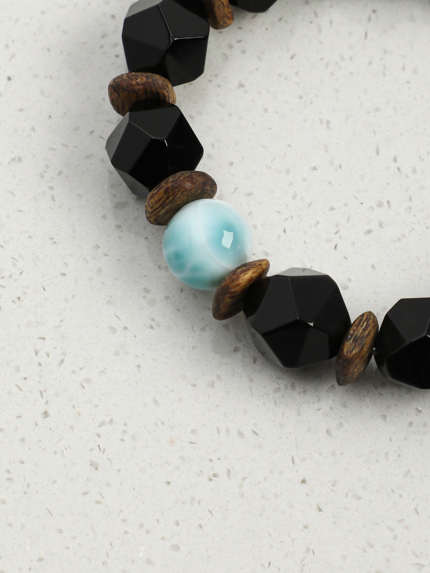 Faceted Black Onyx Agarwood Beaded Bracelet With Larimar & 925 Silver Tag