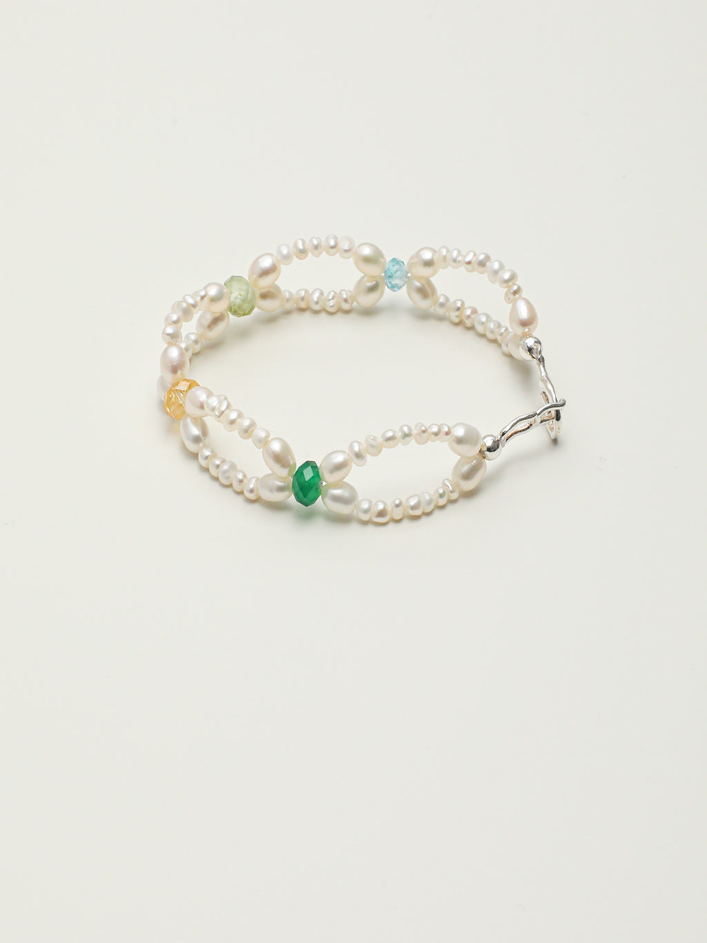 Delicate Multi Gemstone Double Strand Pearl Bracelet Adjustable Silver Clasp