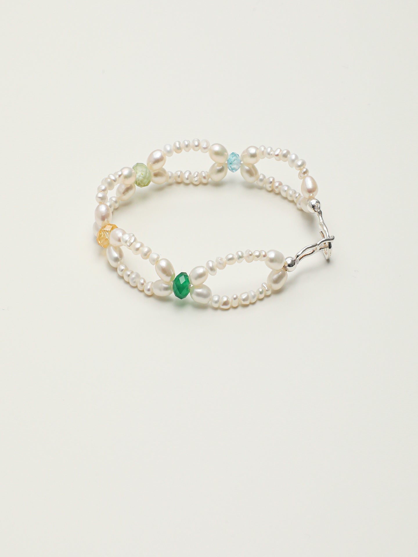 Delicate Multi Gemstone Double Strand Pearl Bracelet Adjustable Silver Clasp