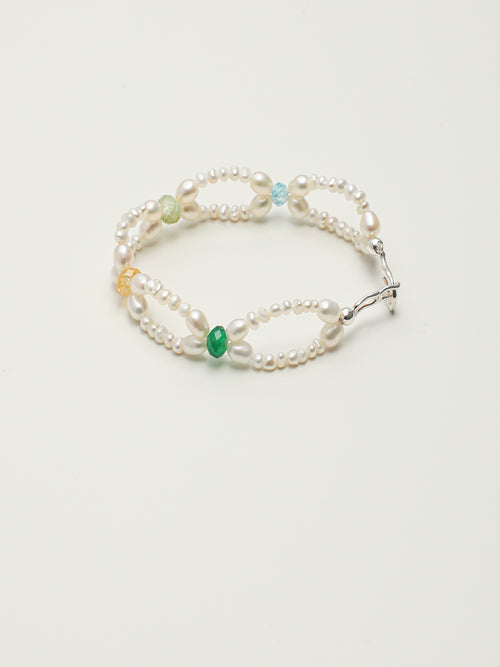 Delicate Multi Gemstone Double Strand Pearl Bracelet Adjustable Silver Clasp