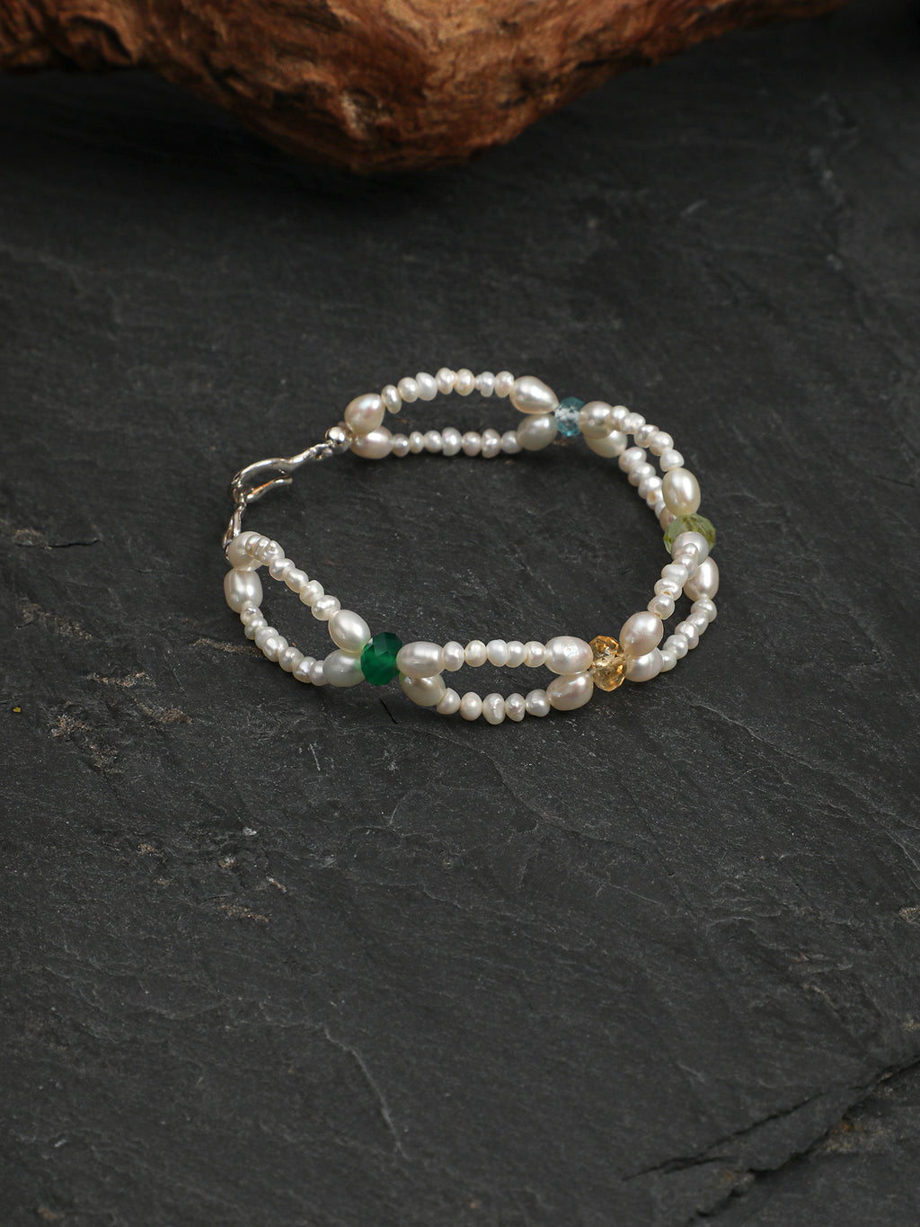 Delicate Multi Gemstone Double Strand Pearl Bracelet Adjustable Silver Clasp