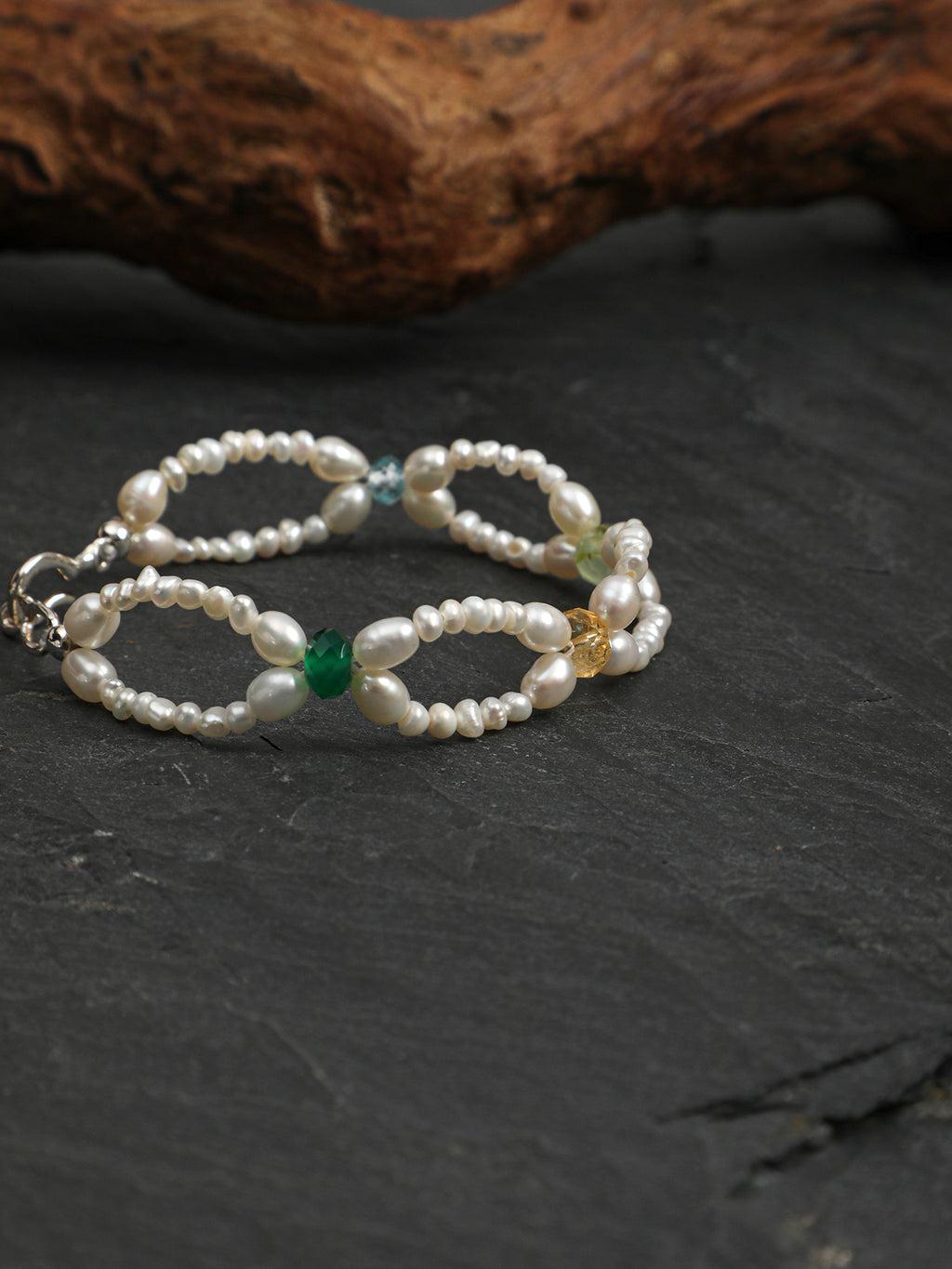 Delicate Multi Gemstone Double Strand Pearl Bracelet Adjustable Silver Clasp