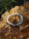 Anxiety Relief Banded Blue Calcite & Gentle Aura Pearl Energy Bracelet, Spiritual Meditation Fresh Gift Jewelry