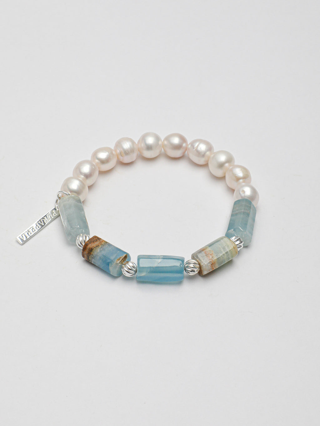 Anxiety Relief Banded Blue Calcite & Gentle Aura Pearl Energy Bracelet, Spiritual Meditation Fresh Gift Jewelry
