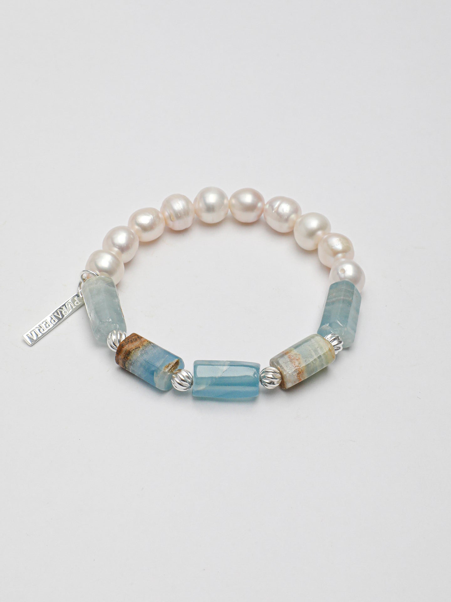 Anxiety Relief Banded Blue Calcite & Gentle Aura Pearl Energy Bracelet, Spiritual Meditation Fresh Gift Jewelry