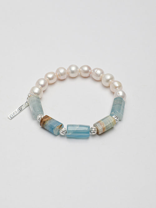Anxiety Relief Banded Blue Calcite & Gentle Aura Pearl Energy Bracelet, Spiritual Meditation Fresh Gift Jewelry