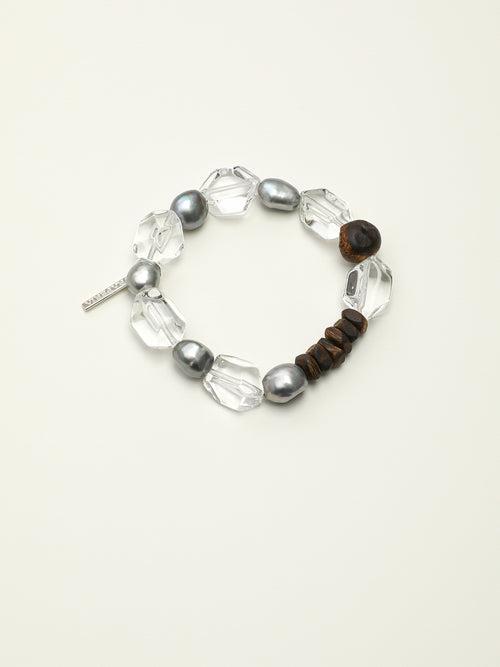 Clear Quartz, Grey Pearl & Agarwood Bead Bracelet — PS2508306