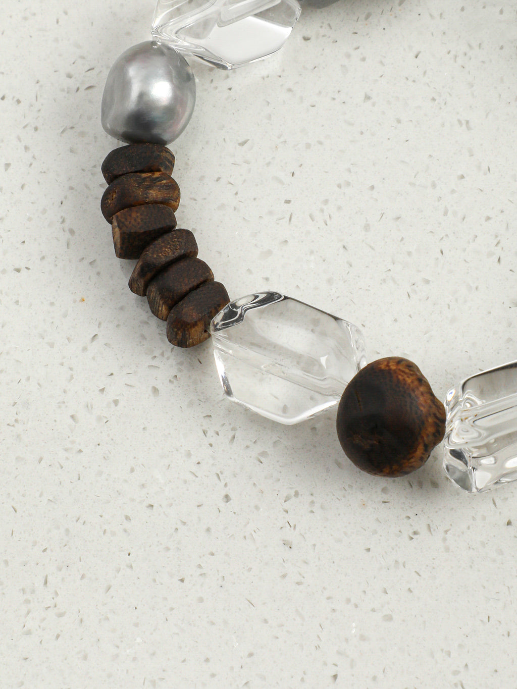 Clear Quartz, Grey Pearl & Agarwood Bead Bracelet — PS2508306