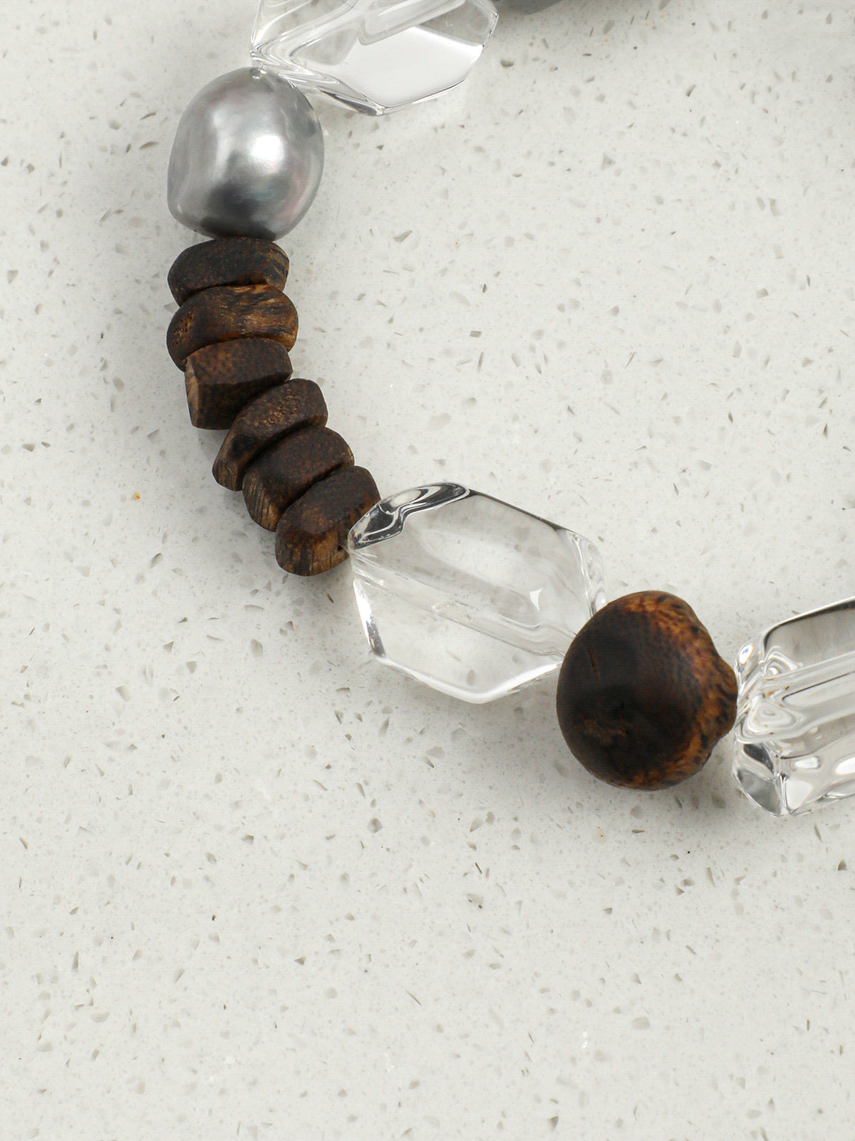 Clear Quartz, Grey Pearl & Agarwood Bead Bracelet — PS2508306