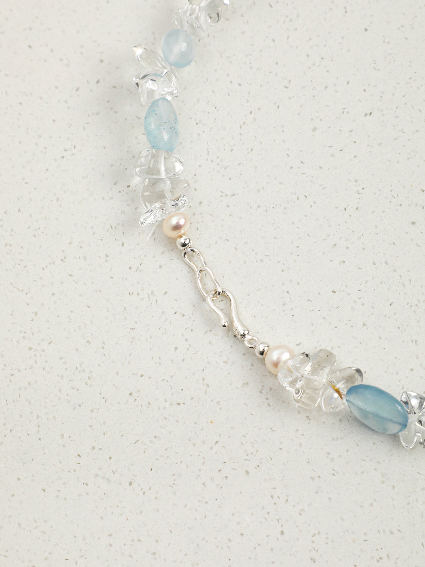 Natural Aquamarine Clear Quartz Pearl Beaded Choker Necklace, Dainty Ocean Blue Crystal Princess Collar Necklace For Women Summer Beach Jewelry