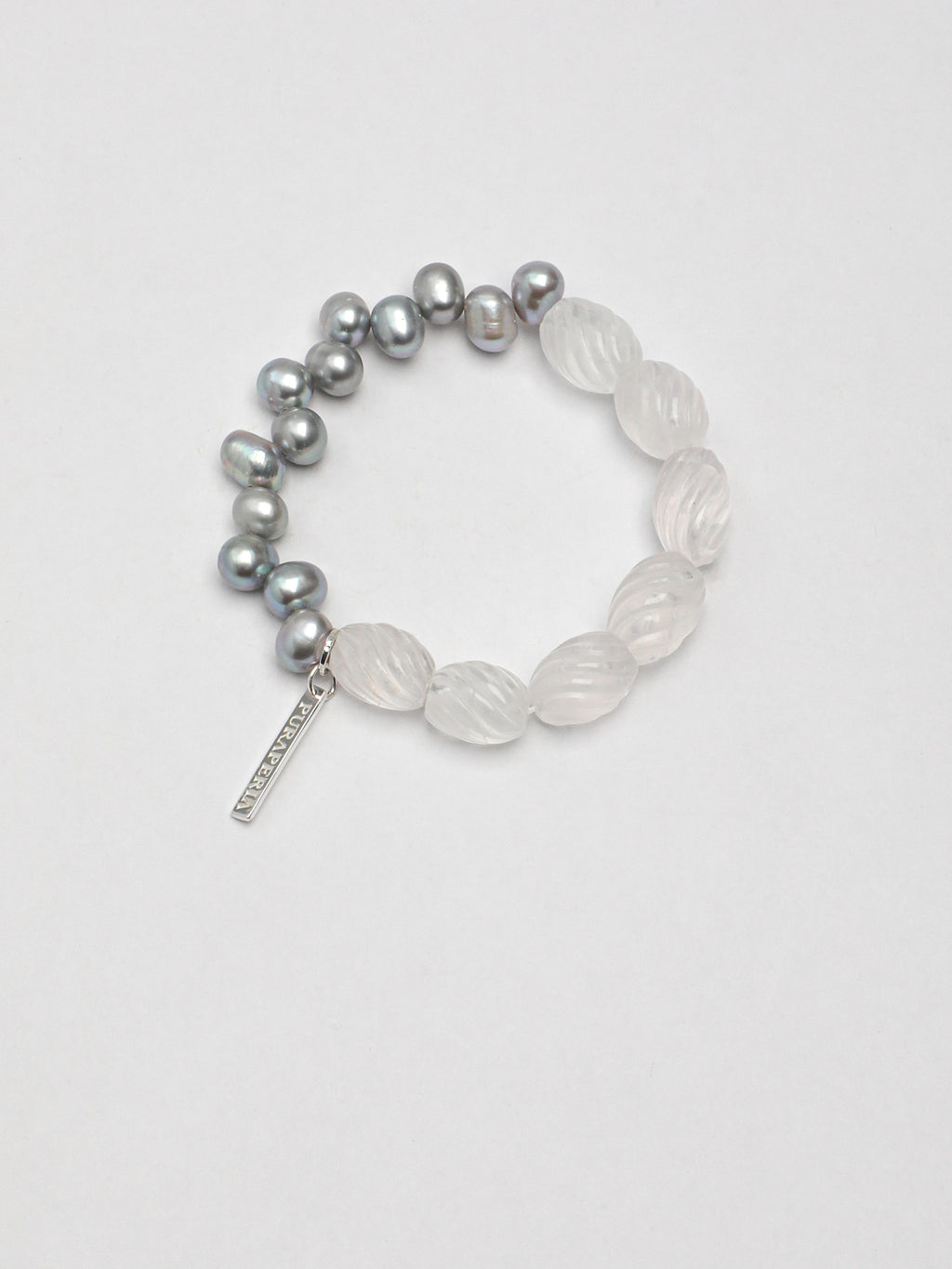 Fog Glass Spiral White Crystal & Grey Baroque Pearl Bracelet, Unisex Healing Crystal Jewelry