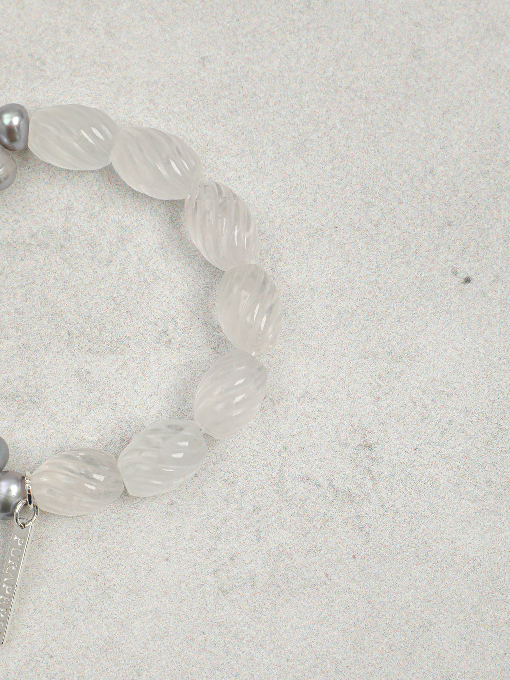 Fog Glass Spiral White Crystal & Grey Baroque Pearl Bracelet, Unisex Healing Crystal Jewelry