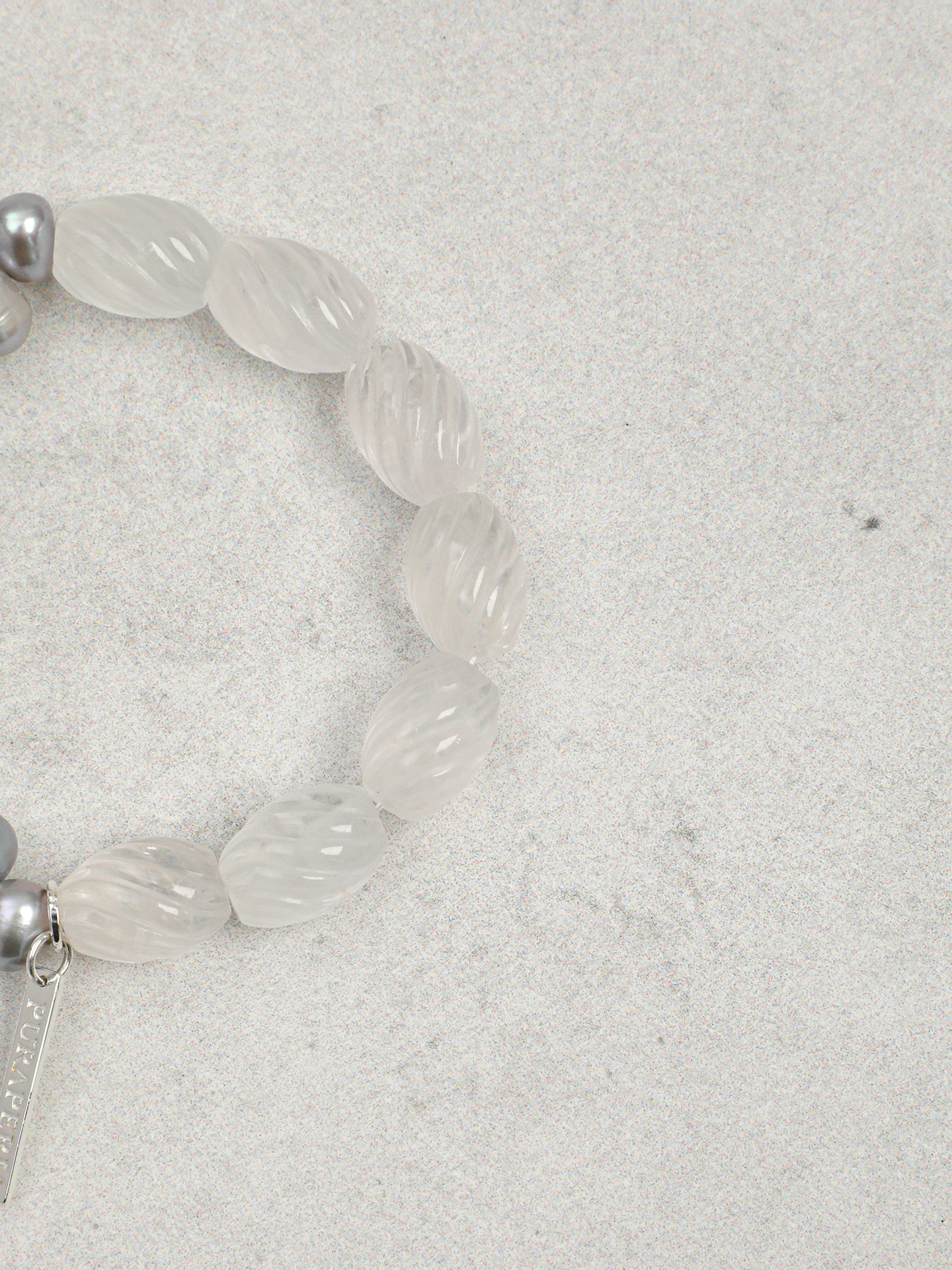 Fog Glass Spiral White Crystal & Grey Baroque Pearl Bracelet, Unisex Healing Crystal Jewelry
