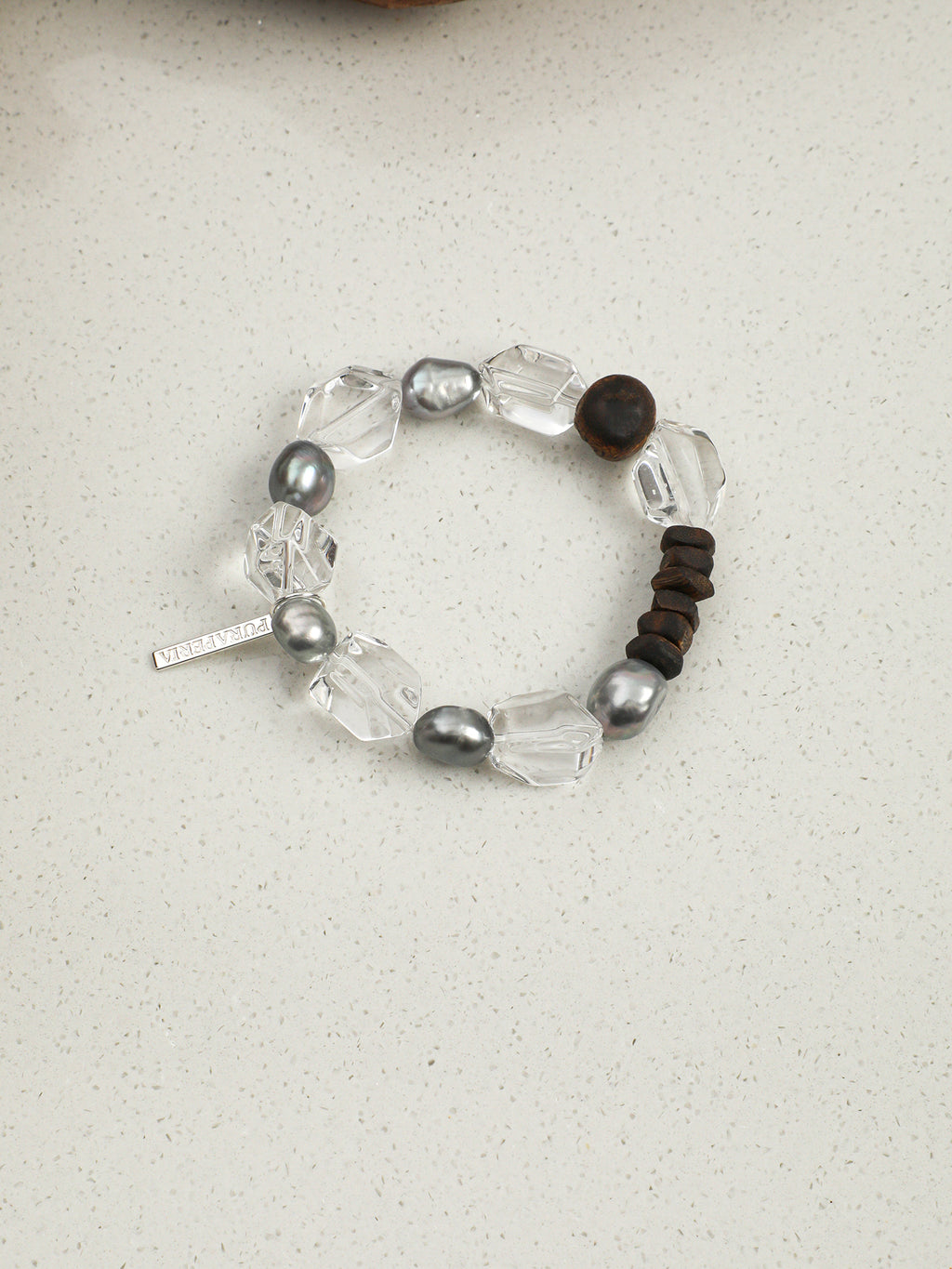 Clear Quartz, Grey Pearl & Agarwood Bead Bracelet — PS2508306