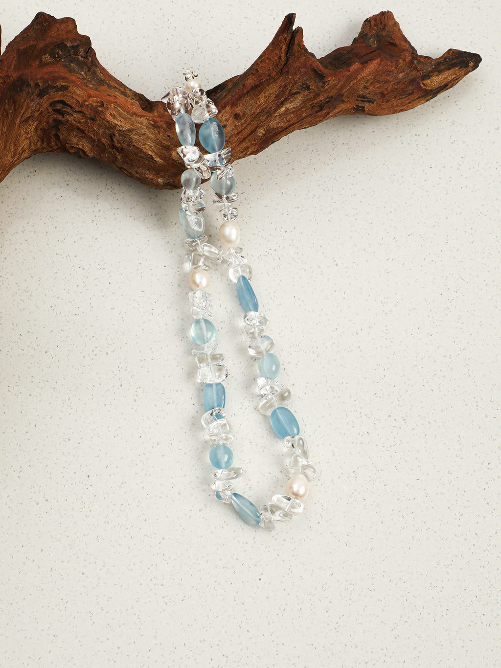 Natural Aquamarine Clear Quartz Pearl Beaded Choker Necklace, Dainty Ocean Blue Crystal Princess Collar Necklace For Women Summer Beach Jewelry