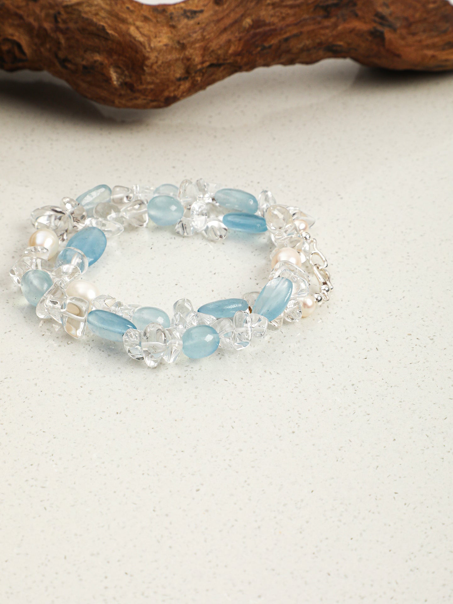 Natural Aquamarine Clear Quartz Pearl Beaded Choker Necklace, Dainty Ocean Blue Crystal Princess Collar Necklace For Women Summer Beach Jewelry