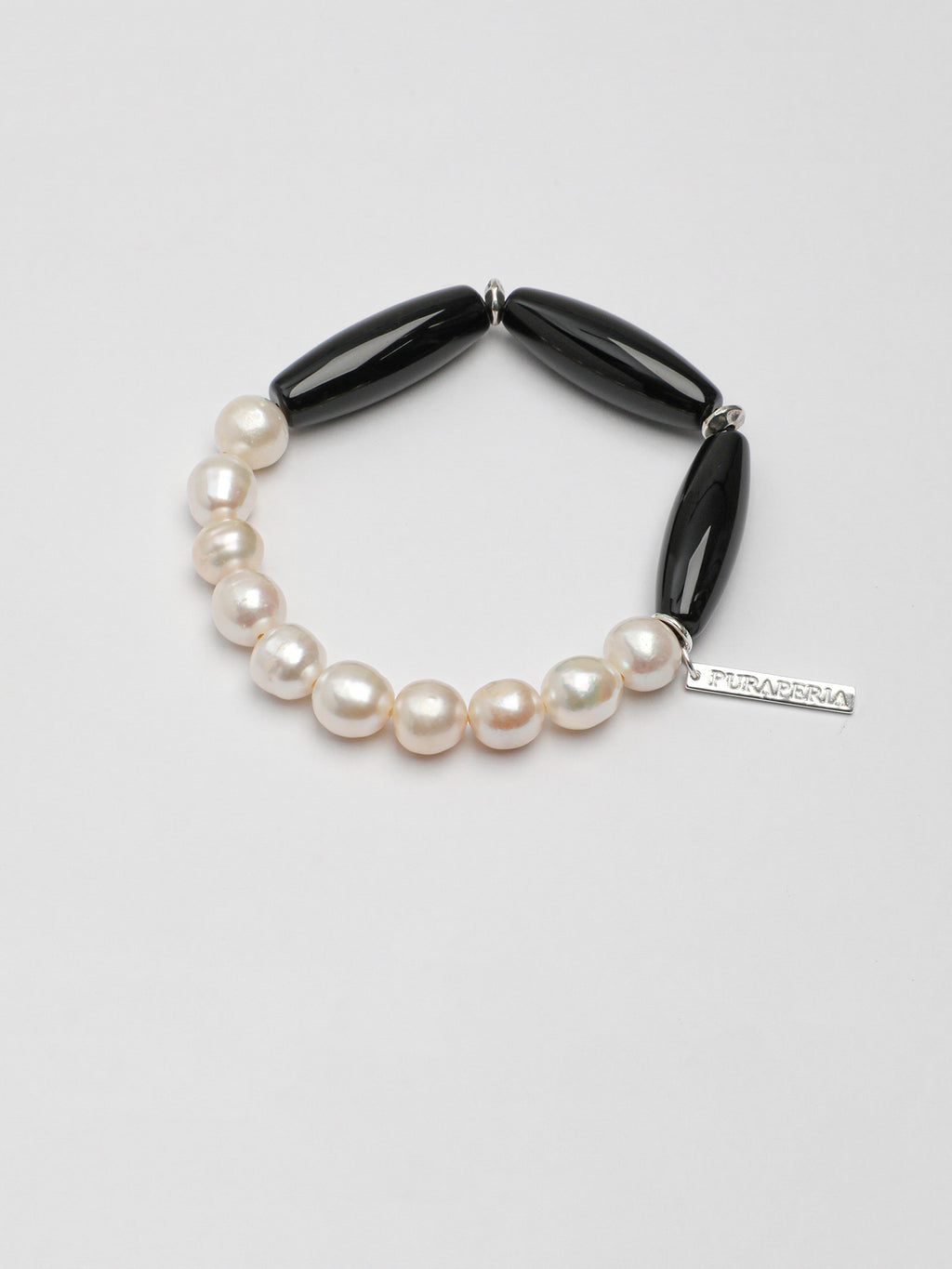 Long Bar Natural Black Onyx & High Luster Freshwater Pearl Beaded Bracelet, Vintage Contrast Minimal Silver Tag Jewelry For Women