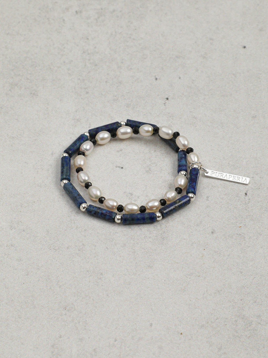 Long Tube Natural Sodalite & High Luster Freshwater Pearl Bracelet, Tiny Black Spinel Vintage Blue White Contrast Silver Tag Jewelry For Women.