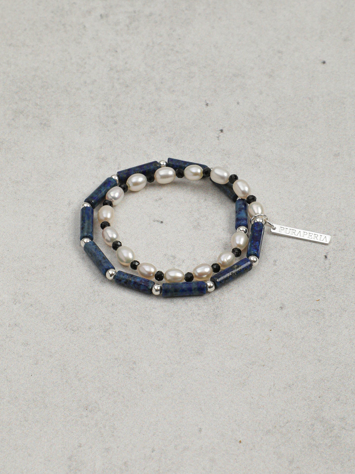 Long Tube Natural Sodalite & High Luster Freshwater Pearl Bracelet, Tiny Black Spinel Vintage Blue White Contrast Silver Tag Jewelry For Women.