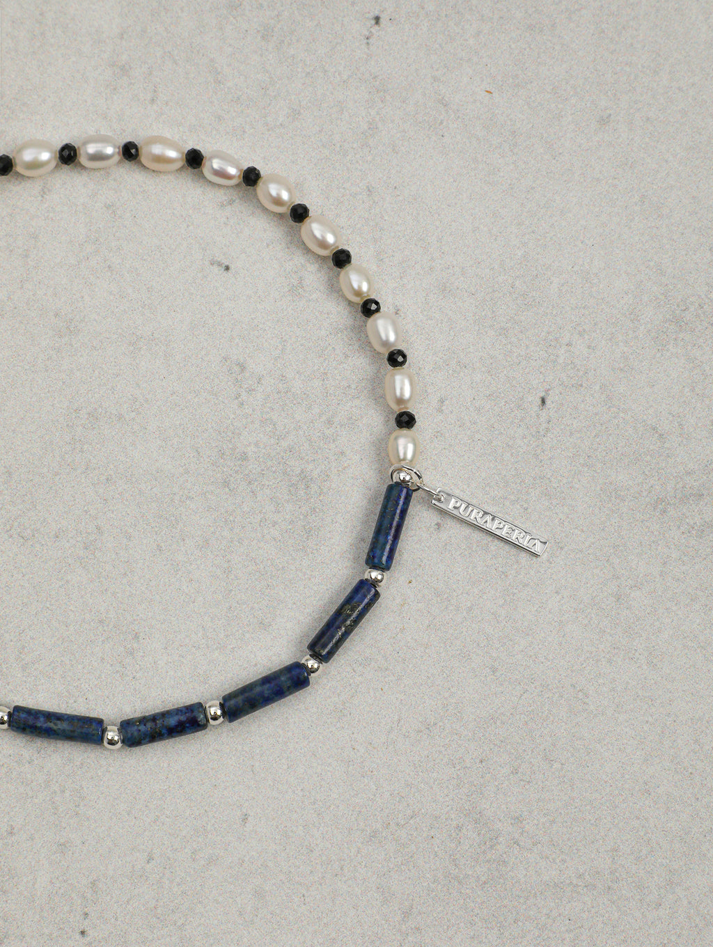 Long Tube Natural Sodalite & High Luster Freshwater Pearl Bracelet, Tiny Black Spinel Vintage Blue White Contrast Silver Tag Jewelry For Women.