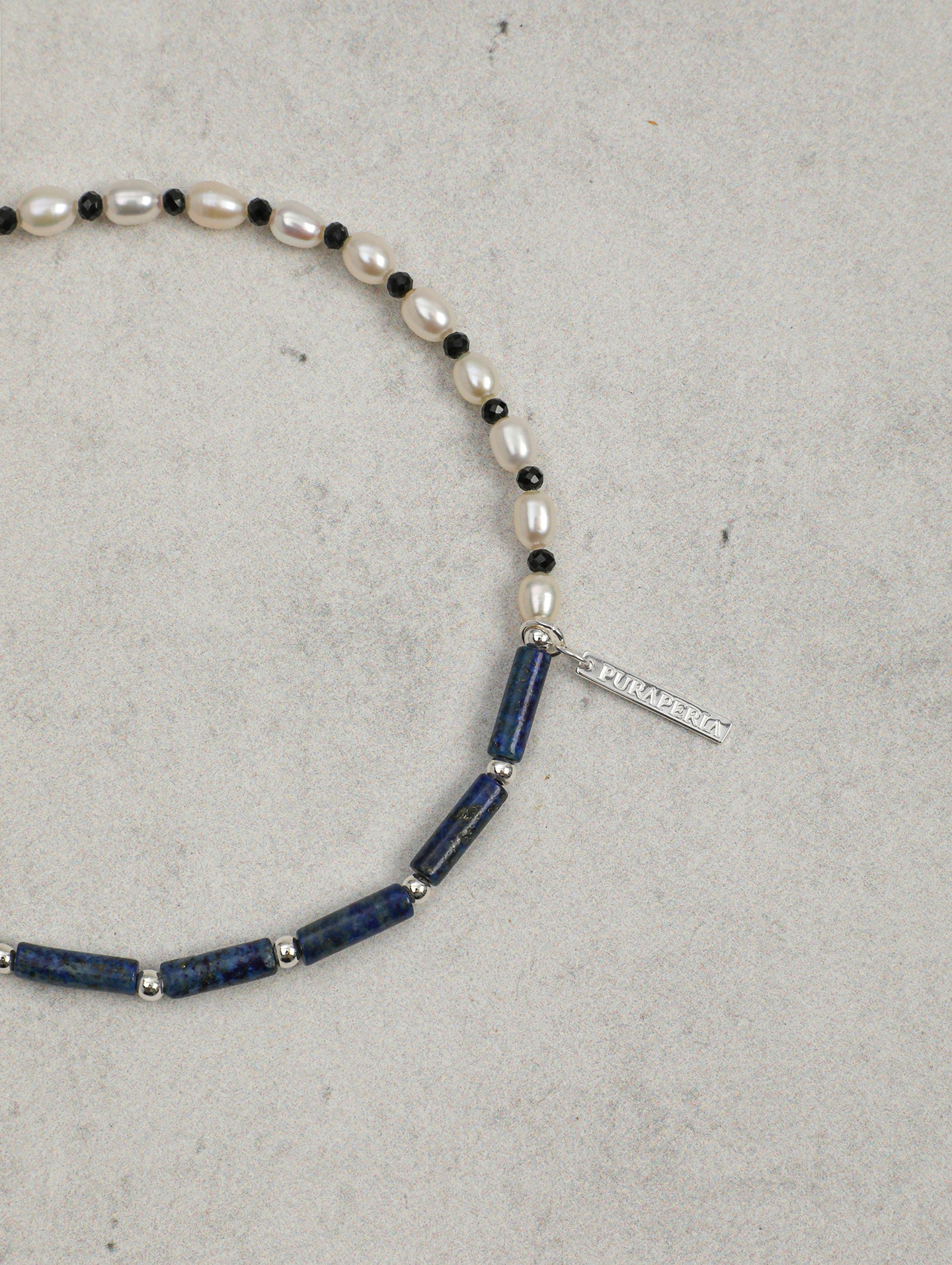 Long Tube Natural Sodalite & High Luster Freshwater Pearl Bracelet, Tiny Black Spinel Vintage Blue White Contrast Silver Tag Jewelry For Women.