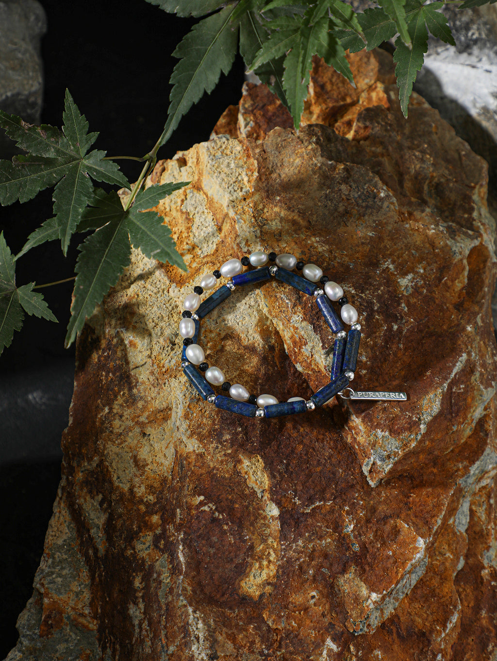 Long Tube Natural Sodalite & High Luster Freshwater Pearl Bracelet, Tiny Black Spinel Vintage Blue White Contrast Silver Tag Jewelry For Women.