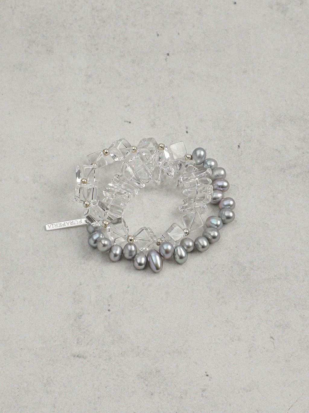 Cube Faceted Clear Quartz Cool Grey Freshwater Pearl Bracelet, 925 Silver Toggle Minimal Healing Crystal Jewelry.