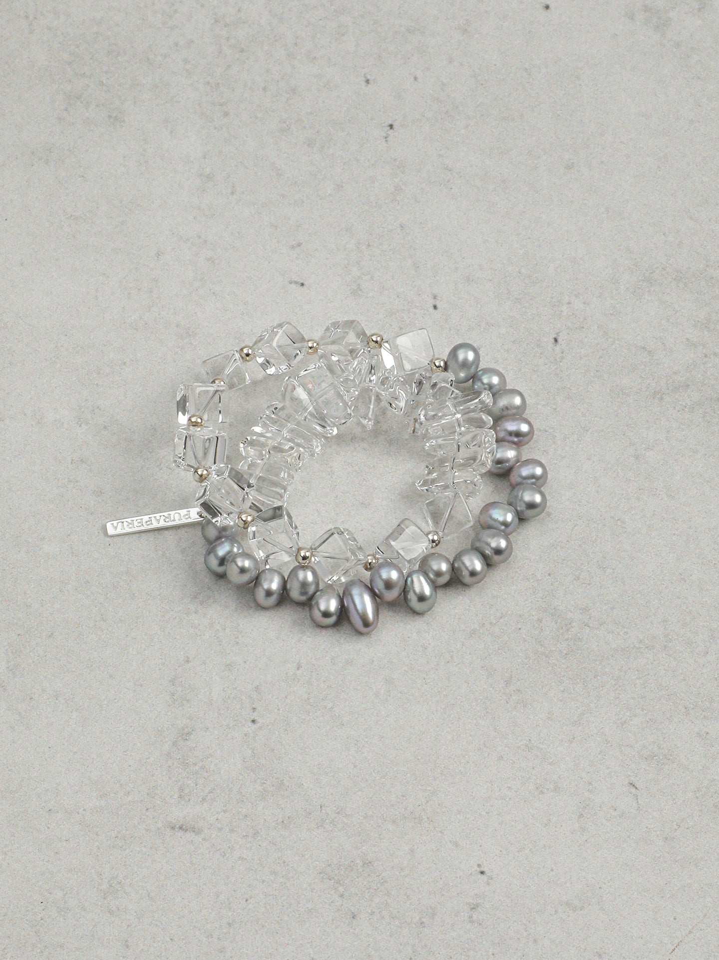 Cube Faceted Clear Quartz Cool Grey Freshwater Pearl Bracelet, 925 Silver Toggle Minimal Healing Crystal Jewelry.