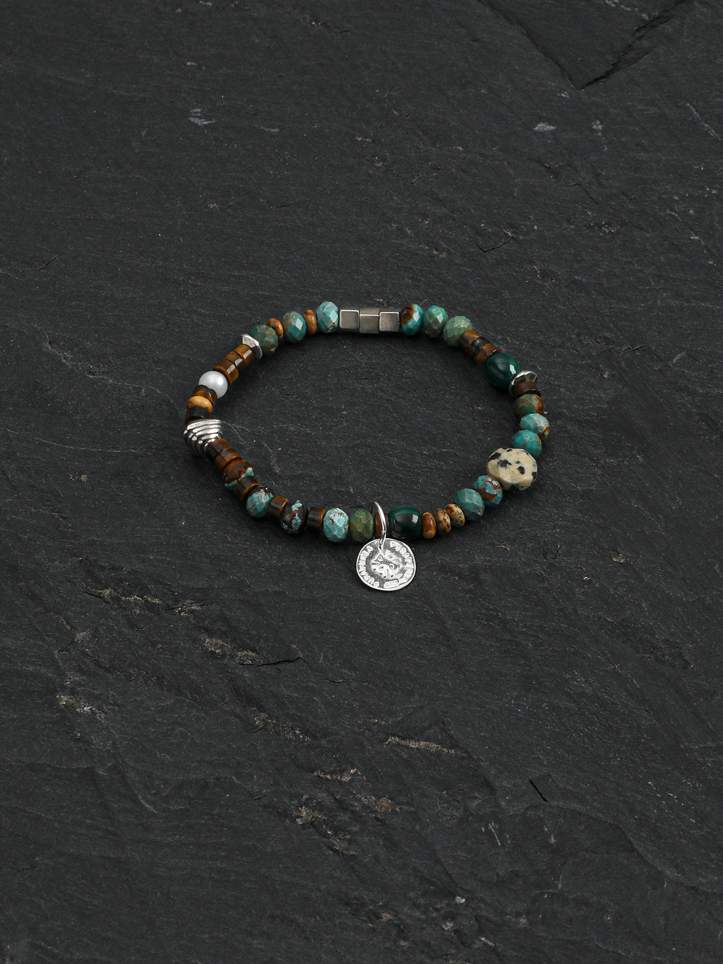 Vintage Ethnic Turquoise Silver Bead Bracelet, Men Women Holiday Accessory