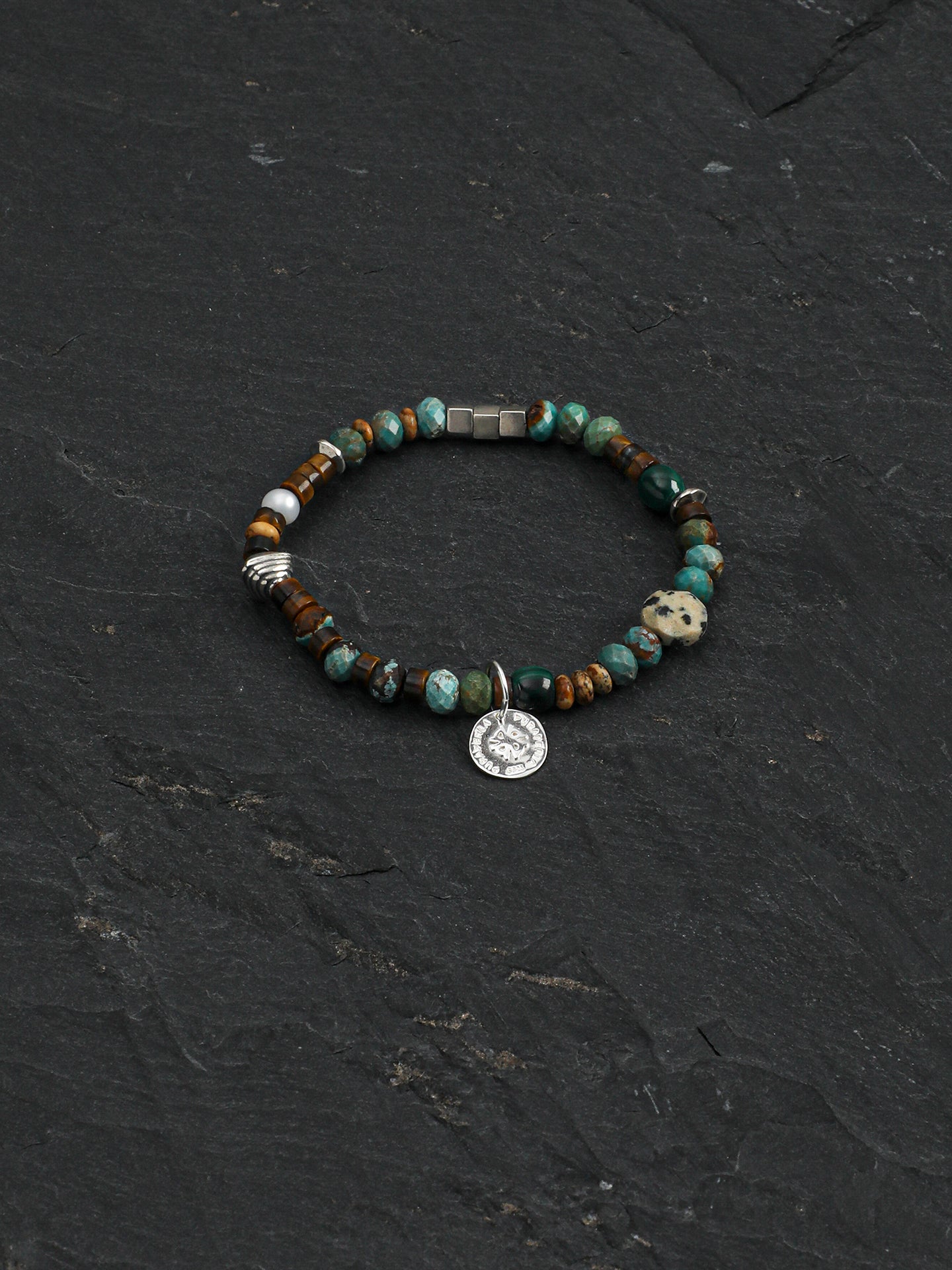 Vintage Ethnic Turquoise Silver Bead Bracelet, Men Women Holiday Accessory