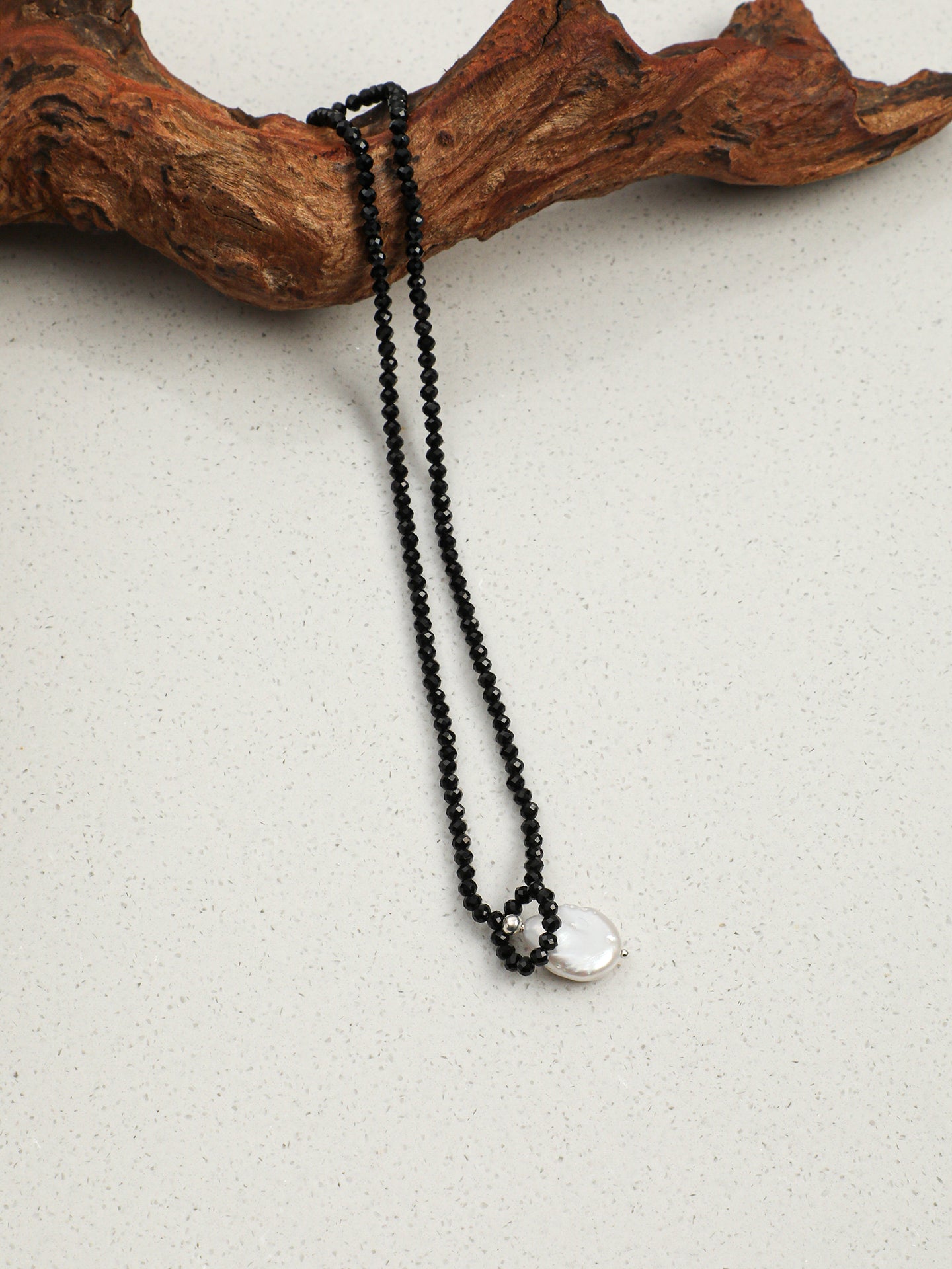 Dainty Single Strand Choker Necklace, Faceted Black Spinel & Natural Baroque Pearl Short Collarbone Jewelry For Women Minimal Everyday Gem Necklace