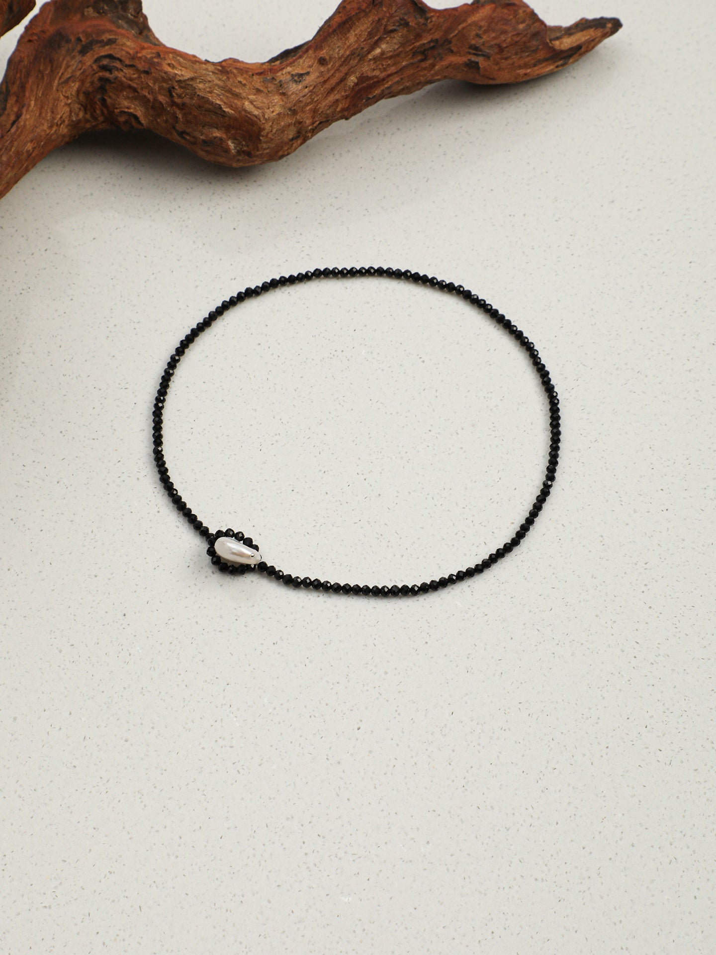 Dainty Single Strand Choker Necklace, Faceted Black Spinel & Natural Baroque Pearl Short Collarbone Jewelry For Women Minimal Everyday Gem Necklace