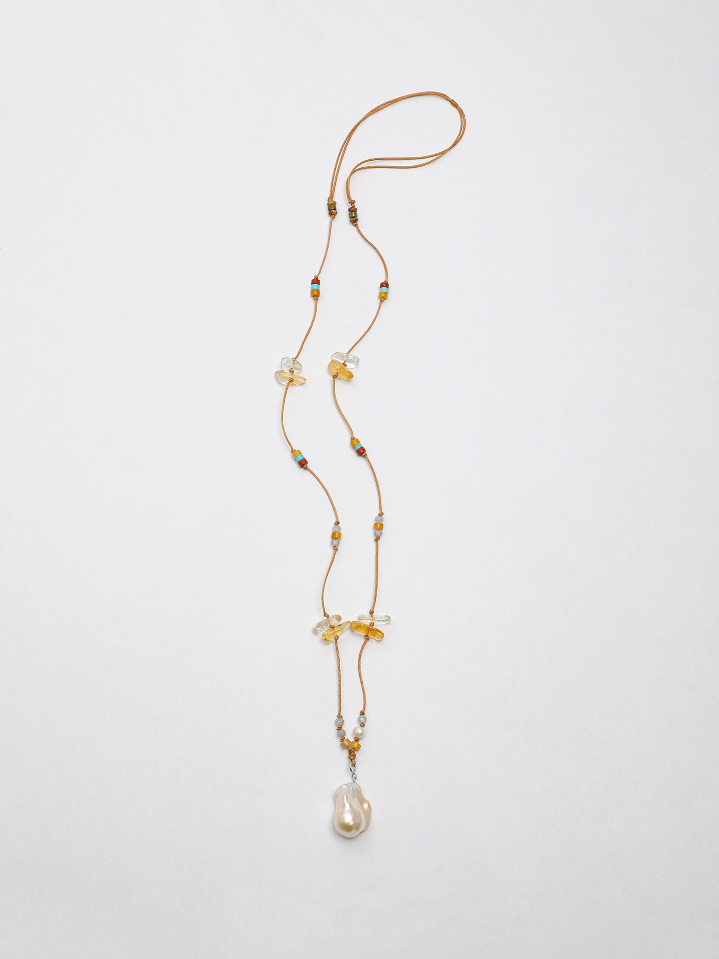 Natural Citrine Chips Baroque Pearl Wax Cord Long Necklace, Handmade Vintage Crystal Jewelry