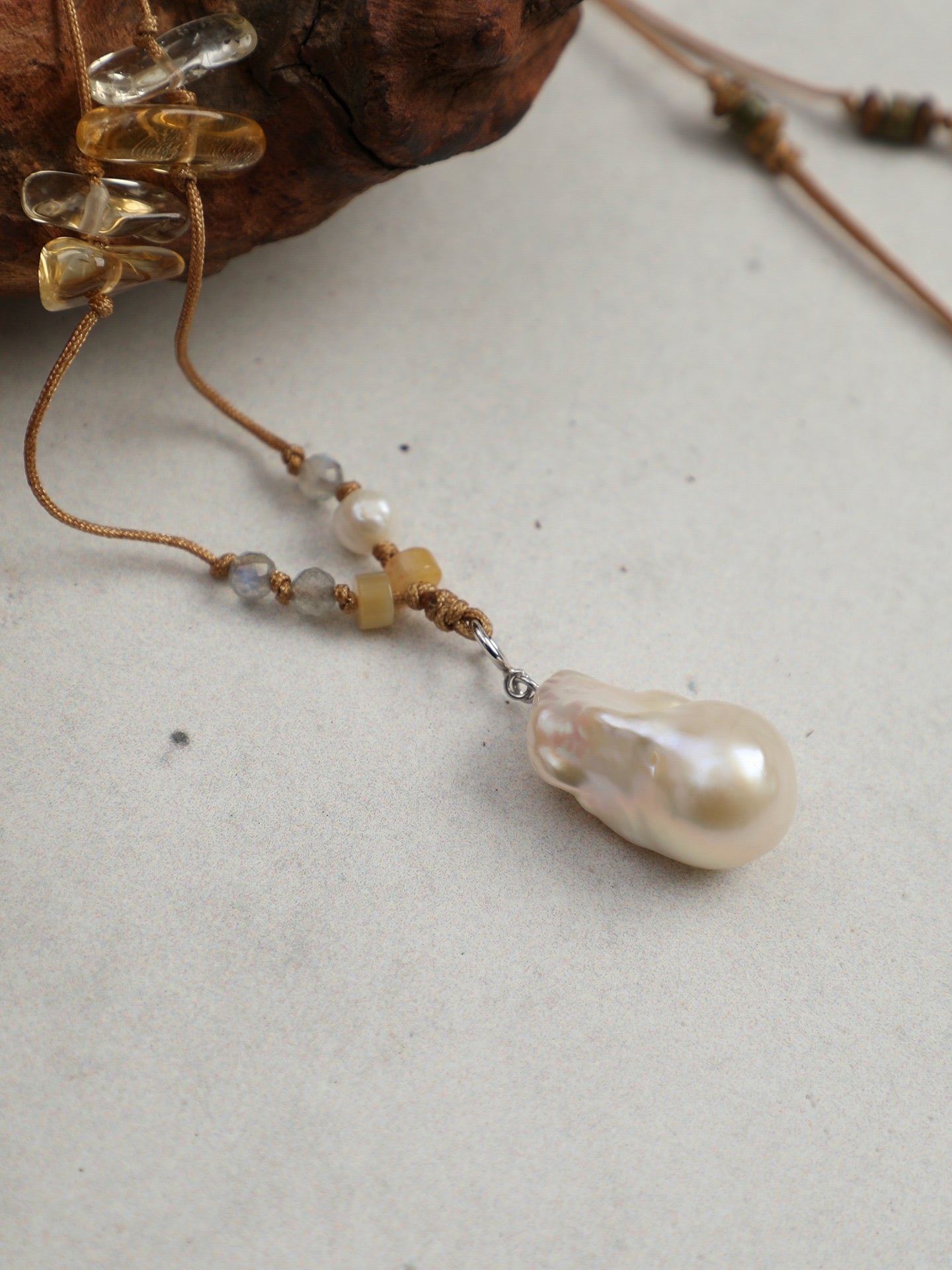 Natural Citrine Chips Baroque Pearl Wax Cord Long Necklace, Handmade Vintage Crystal Jewelry