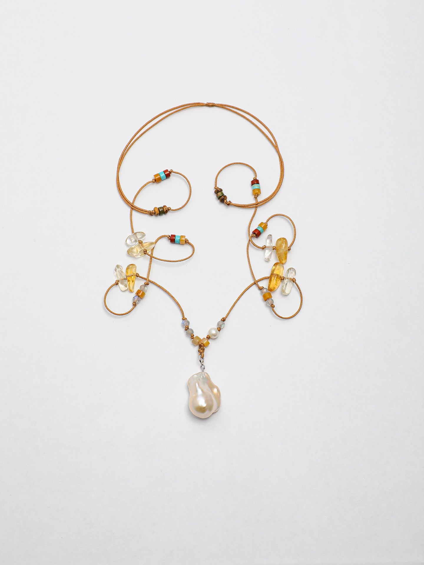 Natural Citrine Chips Baroque Pearl Wax Cord Long Necklace, Handmade Vintage Crystal Jewelry