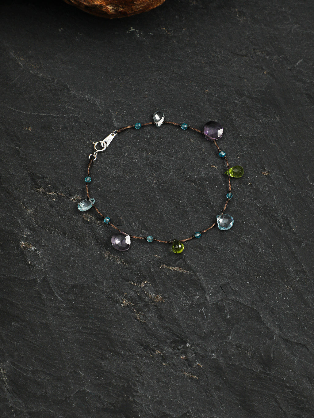 Natural Blue Topaz Amethyst Peridot Wax Cord Dainty Bracelet, Handmade Healing Crystal Jewelry