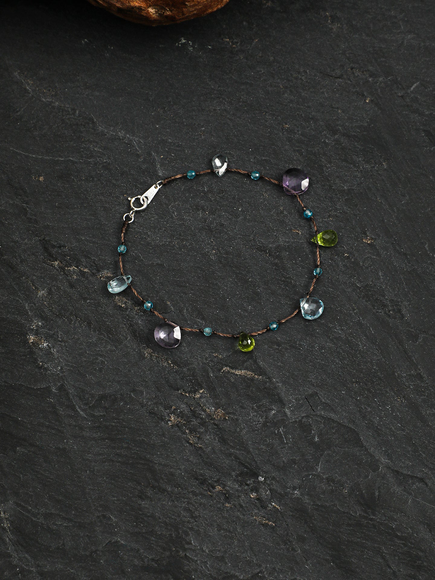 Natural Blue Topaz Amethyst Peridot Wax Cord Dainty Bracelet, Handmade Healing Crystal Jewelry