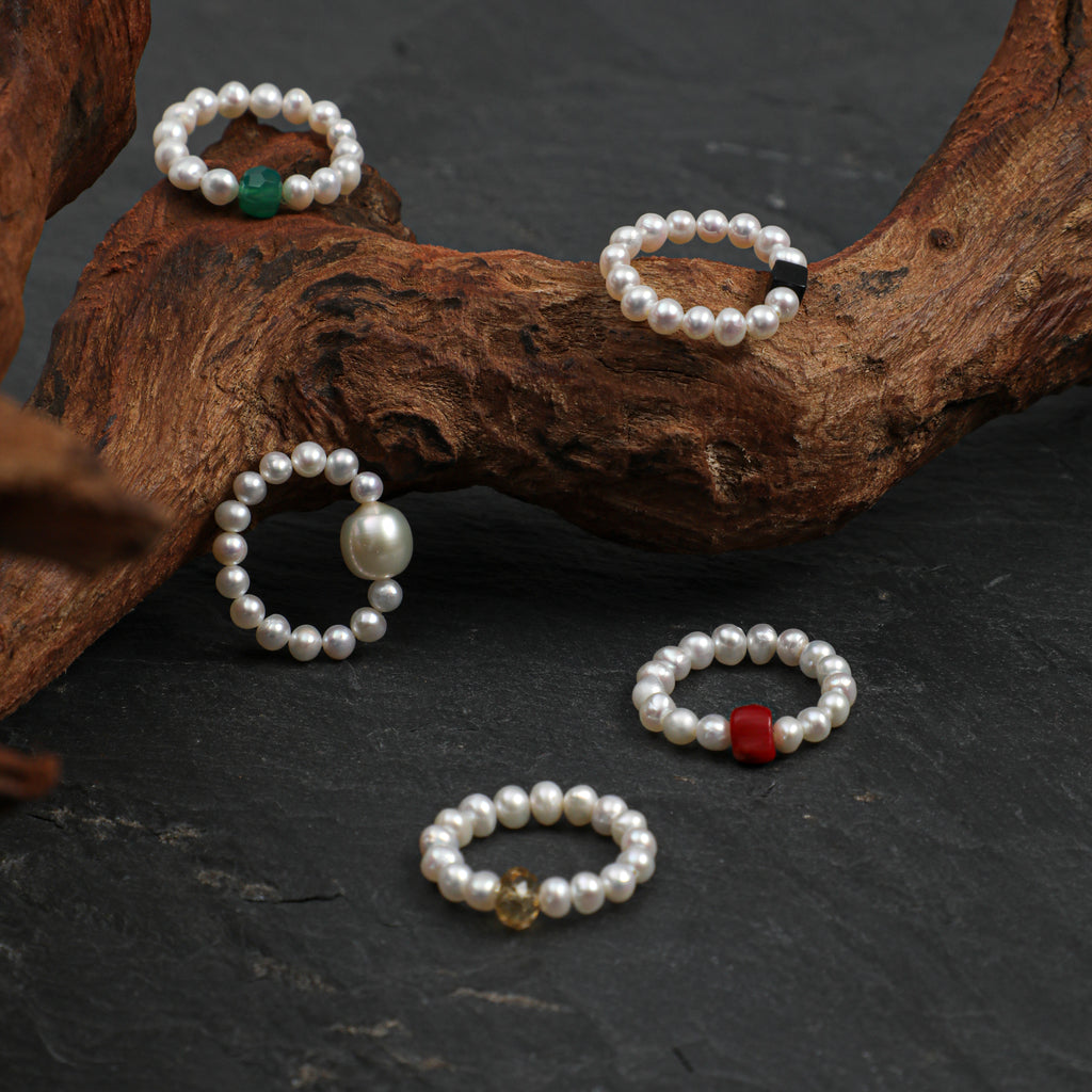 Stretch Beaded Freshwater Pearl Ring With Natural Gemstone, 5 Colors Wufu Lucky Ring