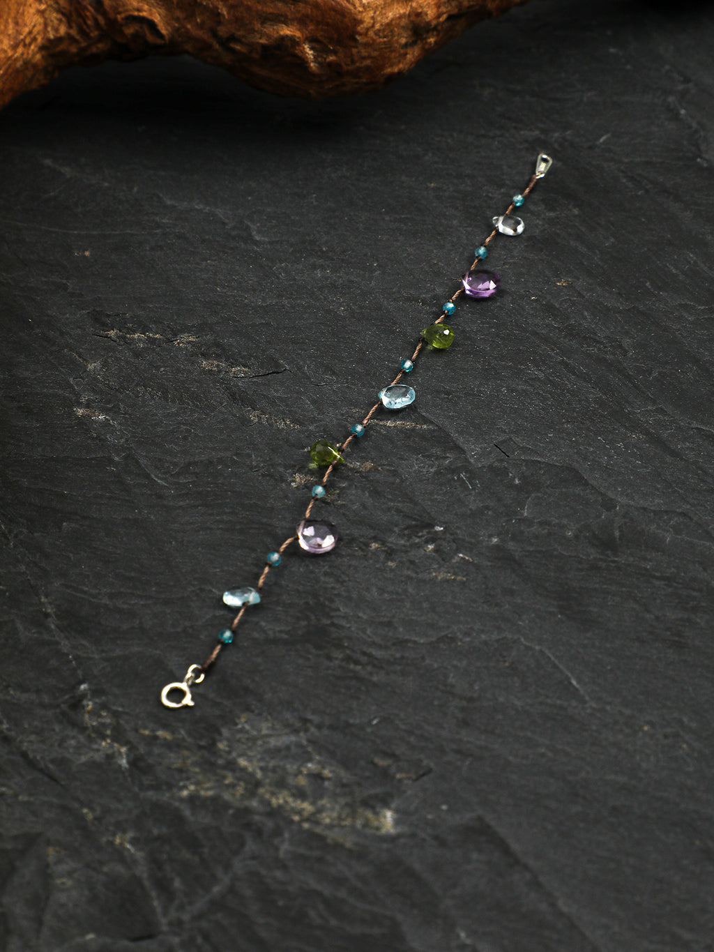 Natural Blue Topaz Amethyst Peridot Wax Cord Dainty Bracelet, Handmade Healing Crystal Jewelry