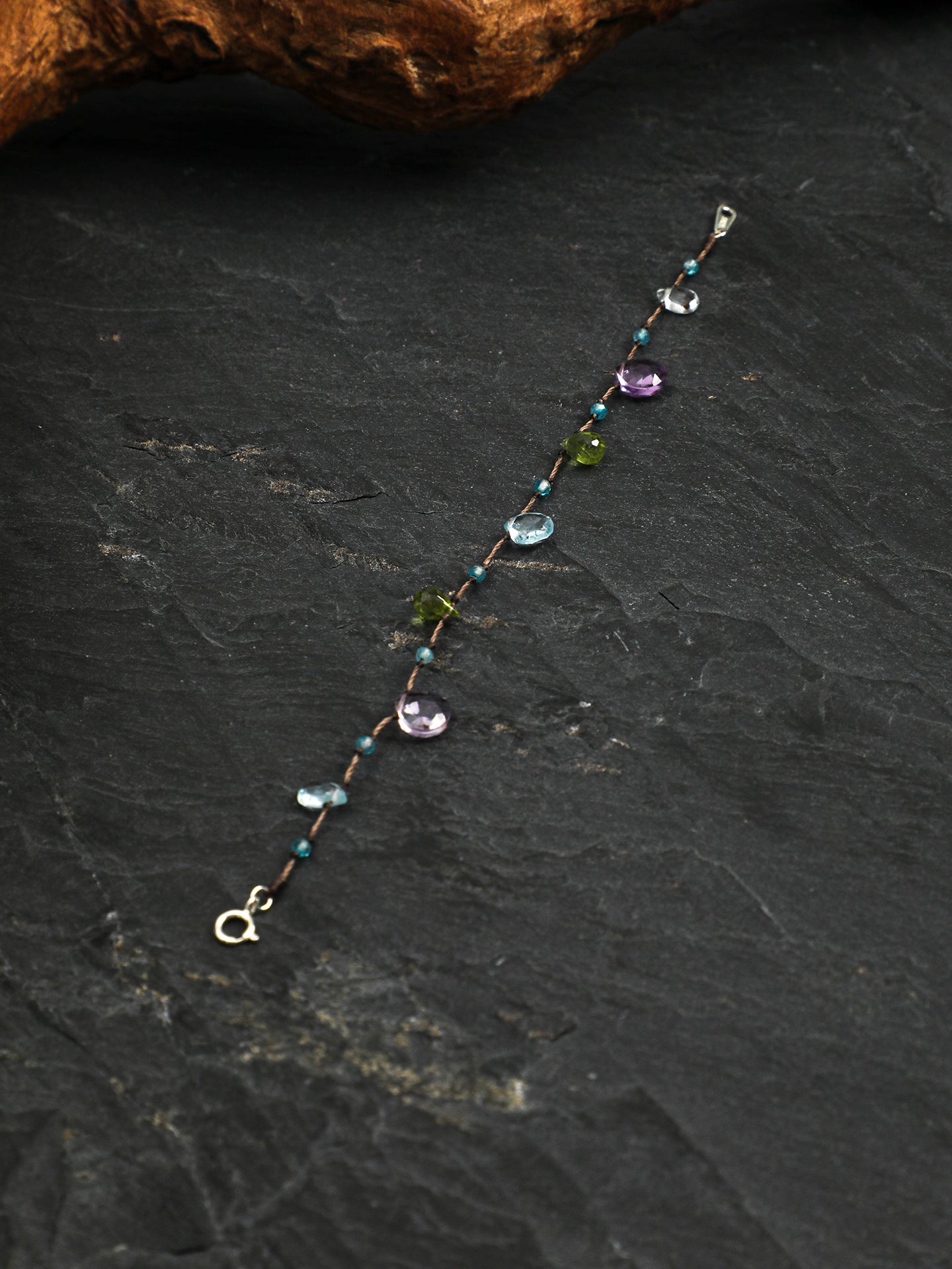 Natural Blue Topaz Amethyst Peridot Wax Cord Dainty Bracelet, Handmade Healing Crystal Jewelry