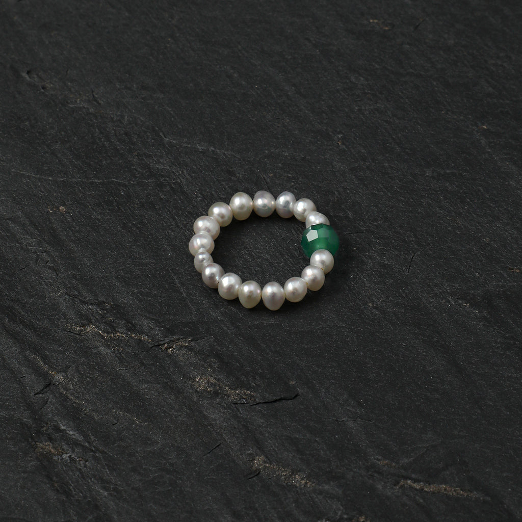 Stretch Beaded Freshwater Pearl Ring With Natural Gemstone, 5 Colors Wufu Lucky Ring