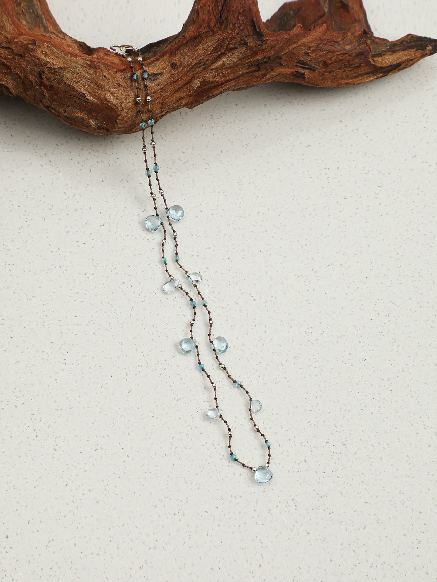 Minimal Blue Topaz Teardrop Wax Cord Choker, 925 Silver Handmade Dainty Layering Necklace For Women Everyday Wear
