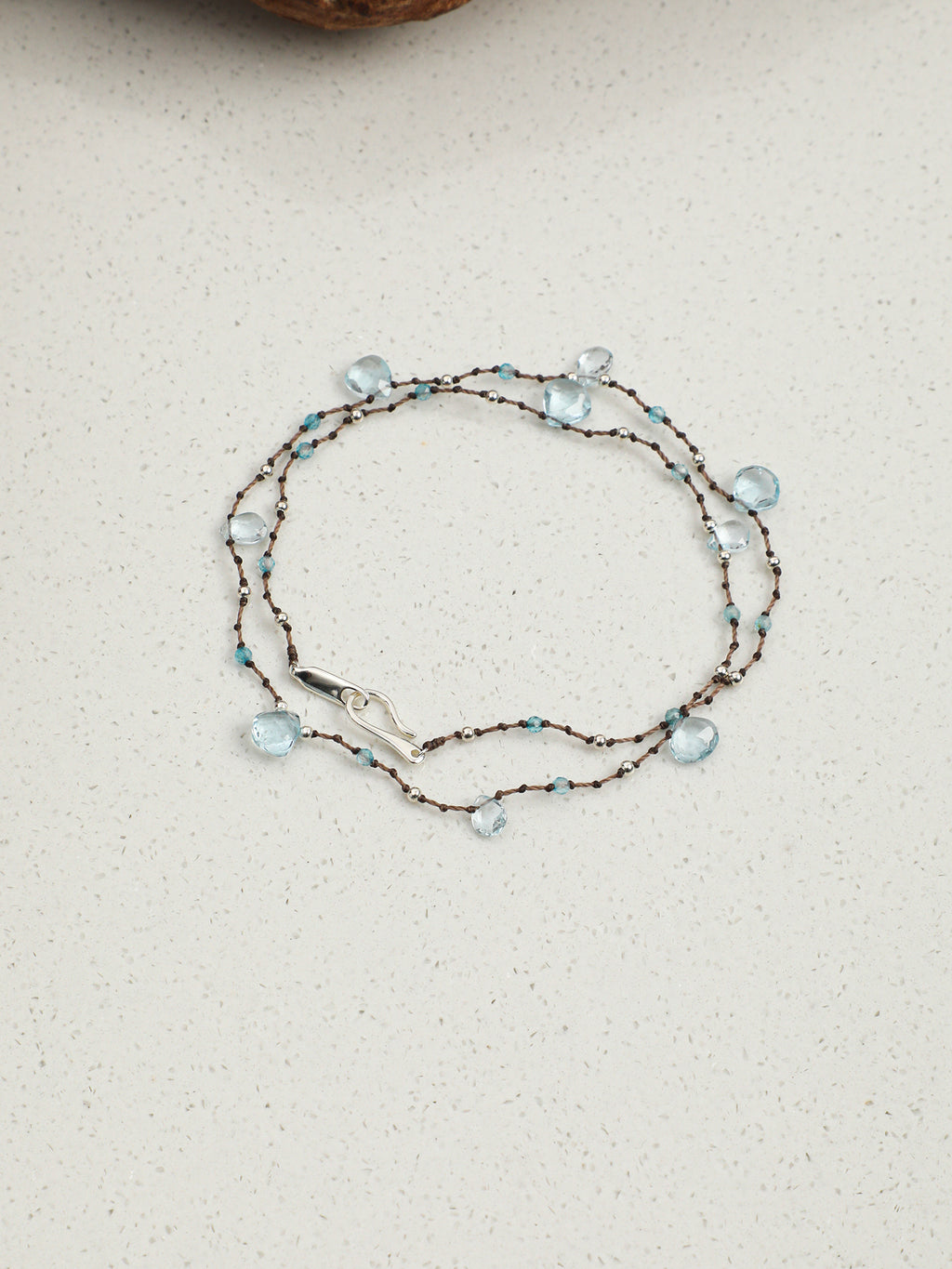 Minimal Blue Topaz Teardrop Wax Cord Choker, 925 Silver Handmade Dainty Layering Necklace For Women Everyday Wear